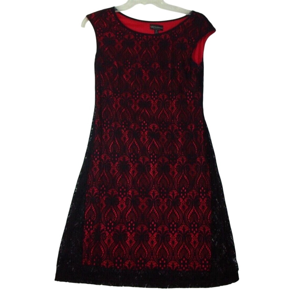 Adrianna Papell Black Lace Red‎ Lining Sleeveless Sheath Dress Scalloped Hem